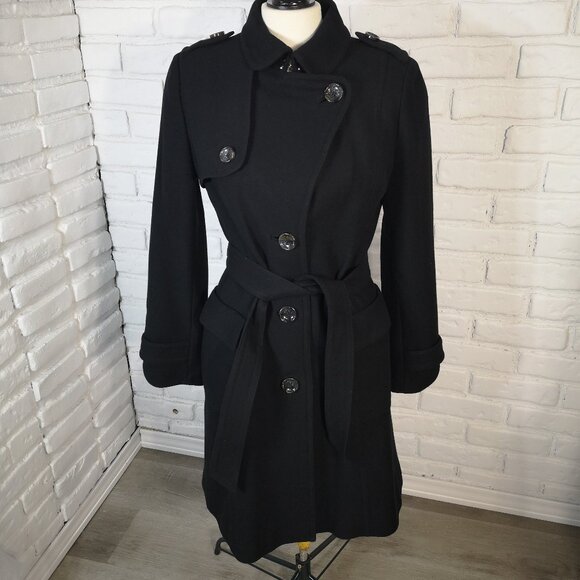 Banana Republic Ladies Size Medium Lined Black Wool Blend  Belted Pea Coat - Picture 1 of 14